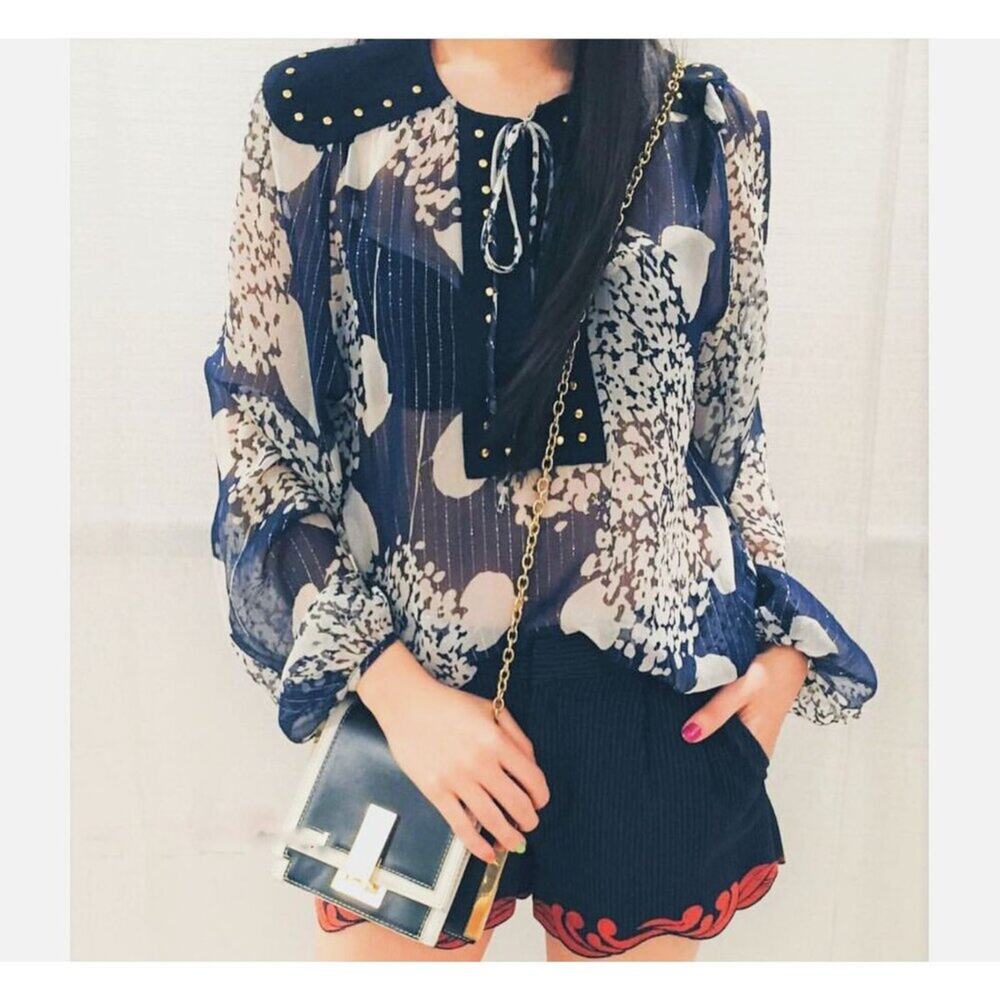 Zara Mulberry Silk Navy/Ecru Long Sleeve Blouse with Studs Women's Size Medium N - Picture 3 of 16